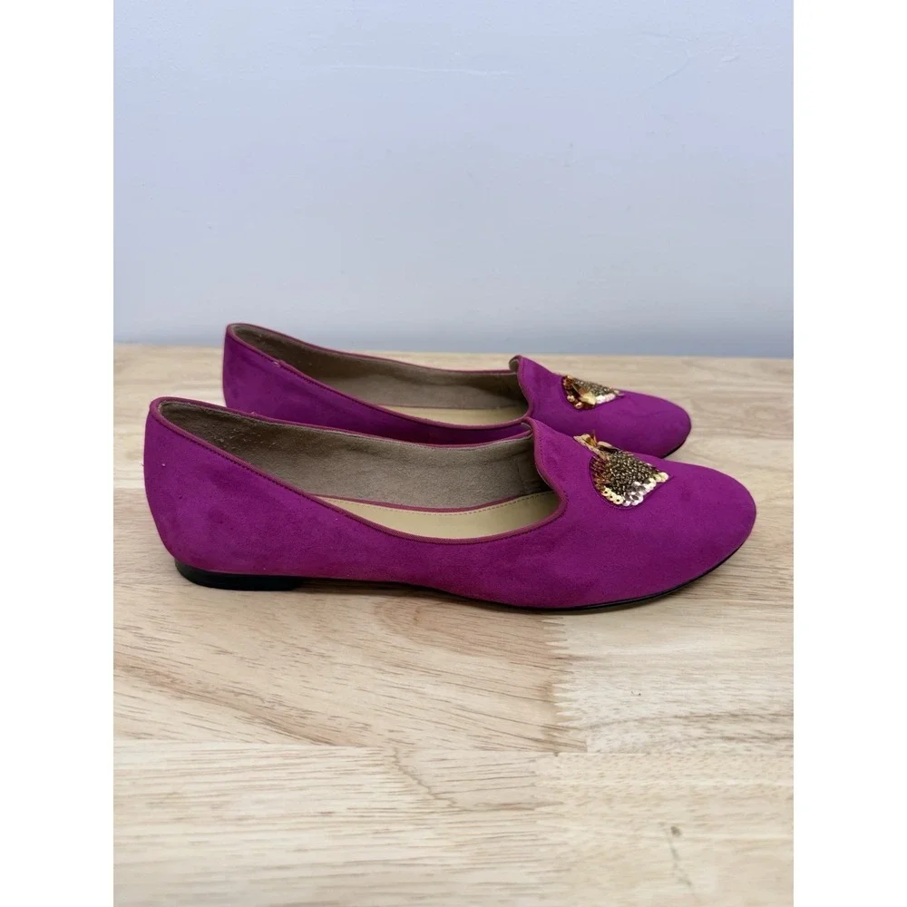 Talbots Pink Suede Flats 8M Gold Sequin Heart Loafers Leather #23 - Picture 3 of 11